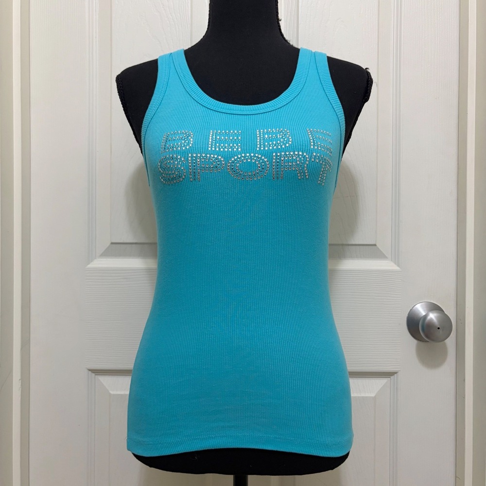 NEW Bebe Sport Triple Rhinestone Logo Ribbed Tank Top S Blue Y2K McBling 2000s